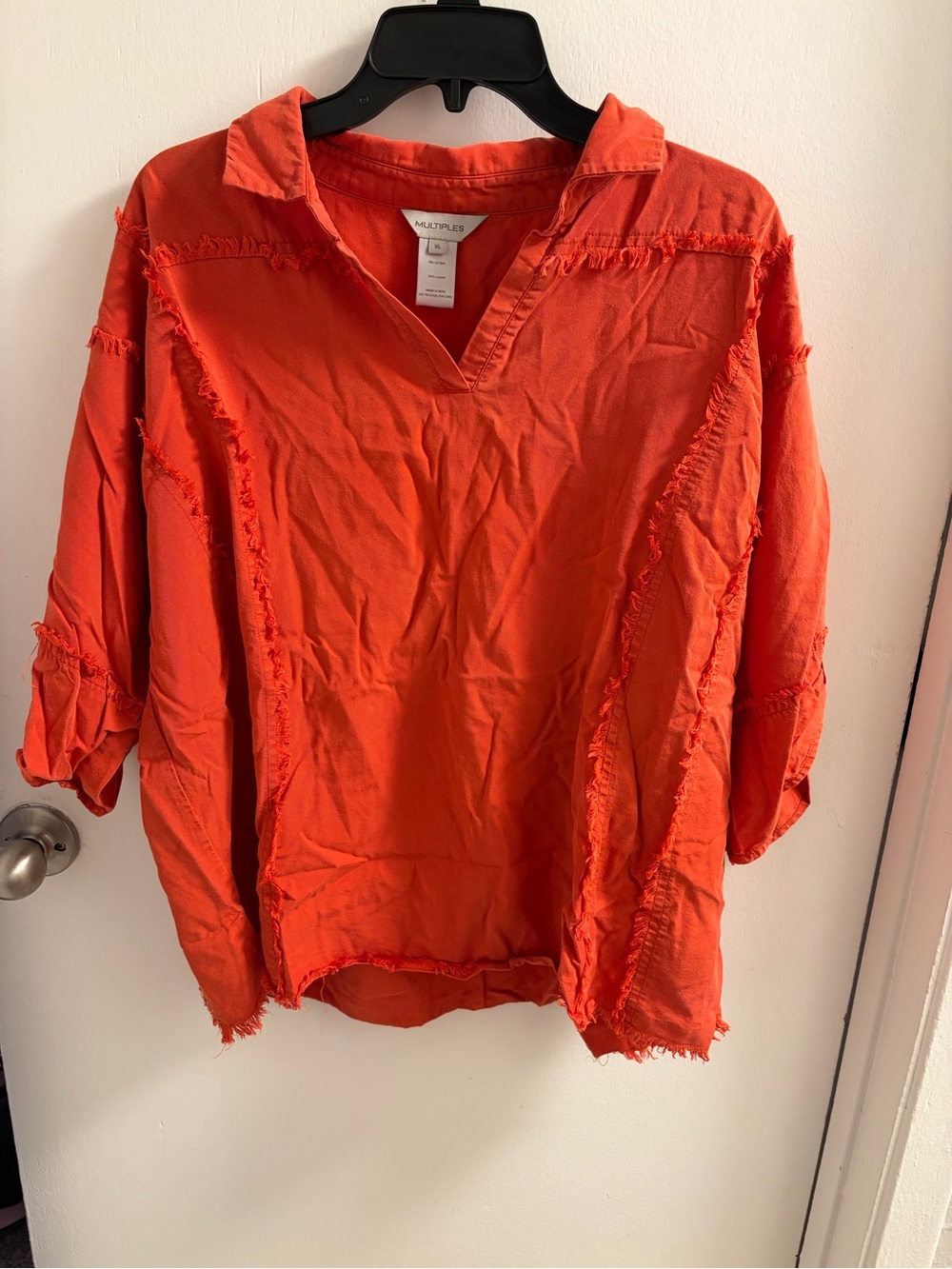 Multiples Burnt Orange Frayed Raw Edge V Neck Tunic Top XL Fall